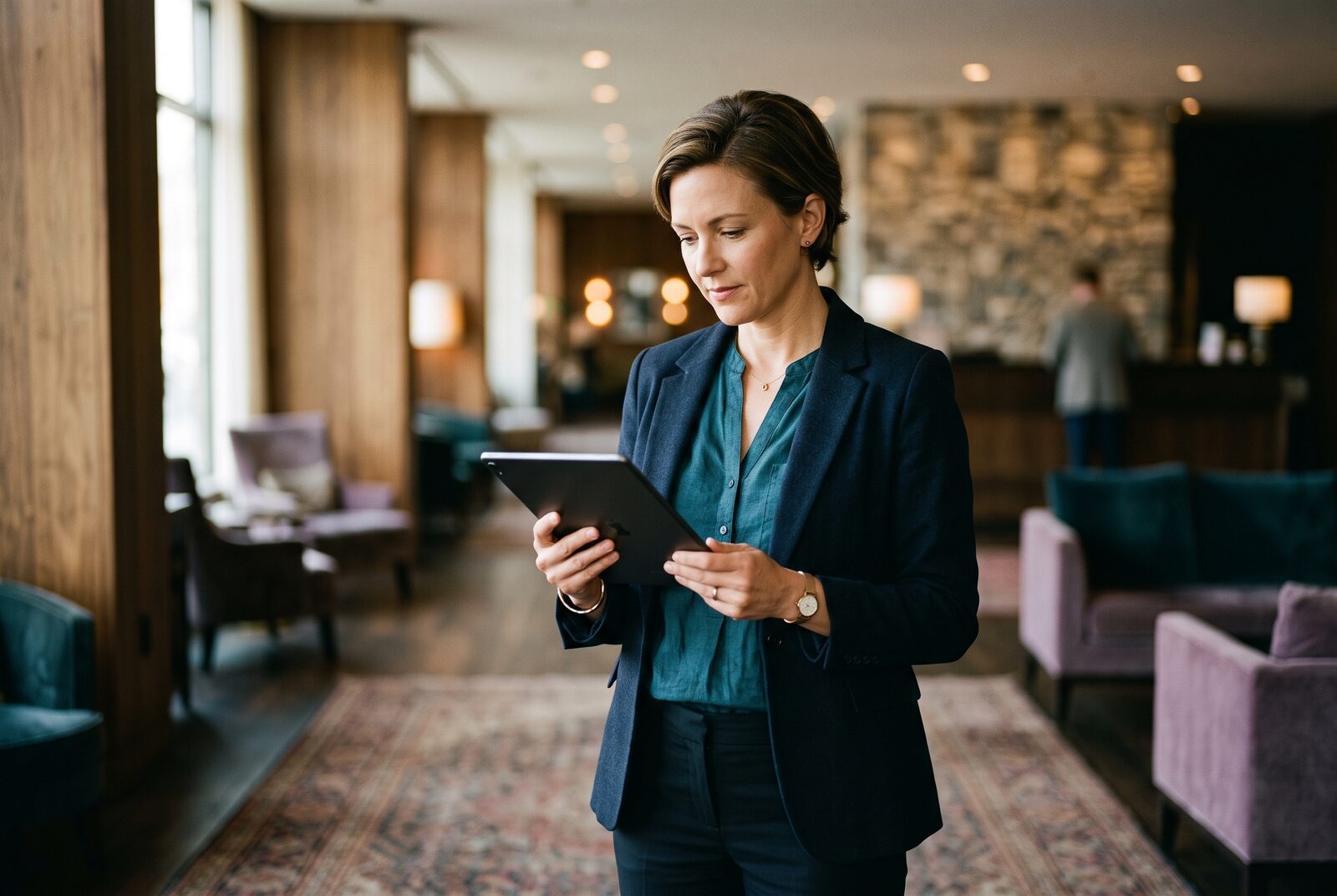 A hotel general manager reviewing guest insights on a tablet in a boutique-hotel lobby