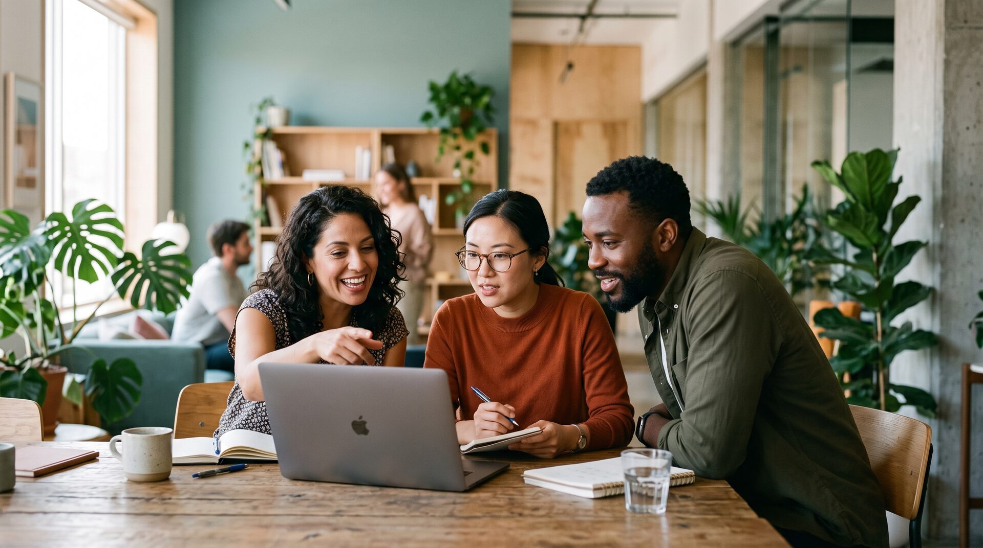 A small team collaborating around a laptop, deciding together